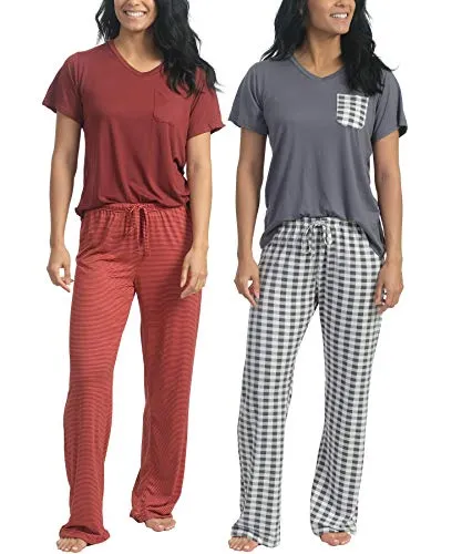 2 Pack: Womens Pajama Sets Ladies Short Sleeve V-Neck Tops Pants Bottoms Pijama PJ Sleepwear Lounge Night Wear,Set 1-XXL