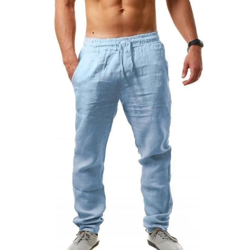 2023 New Men'S Cotton Linen Pants Male Summer Breathable Solid Color Linen Trousers Fitness Streetwe