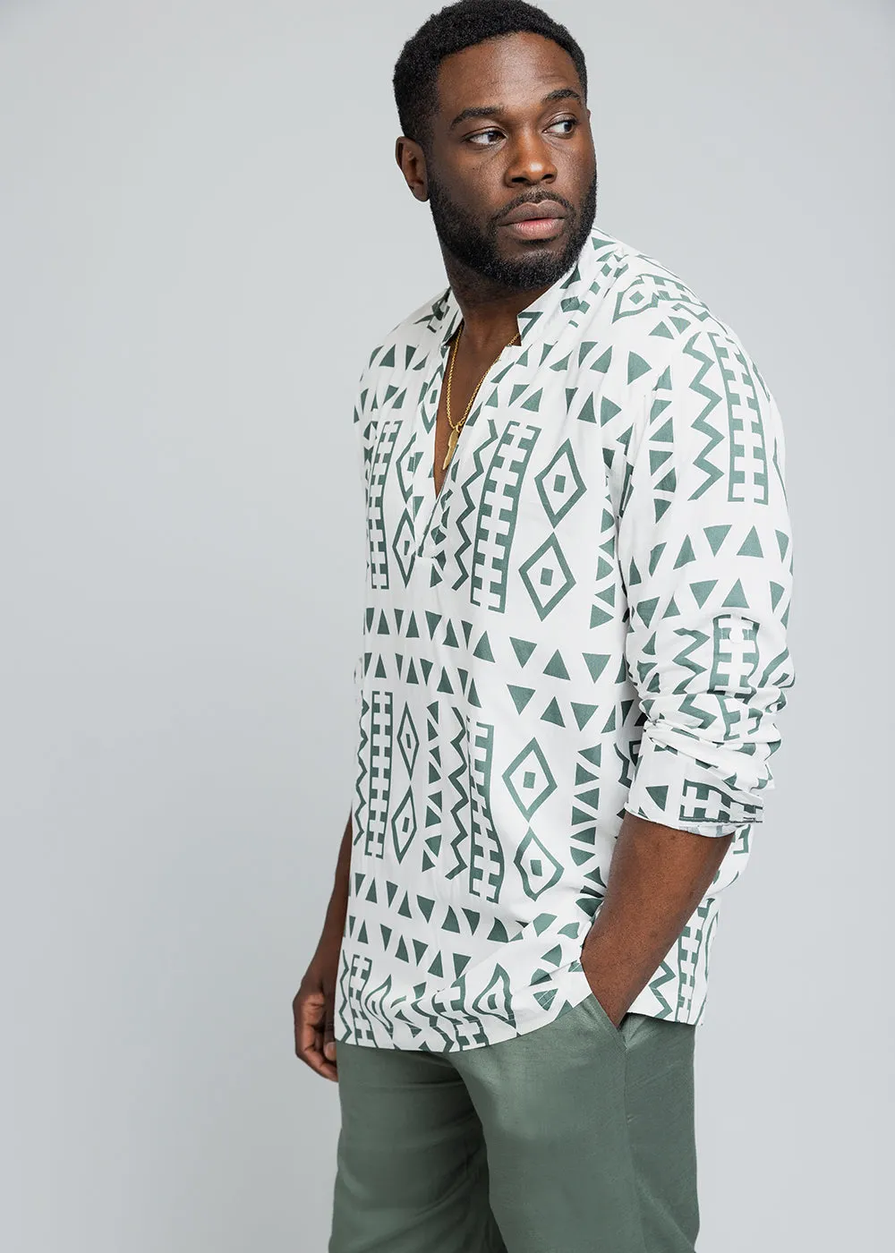 Ajisomo Men's African Print Tunic Shirt (White Olive Tribal)