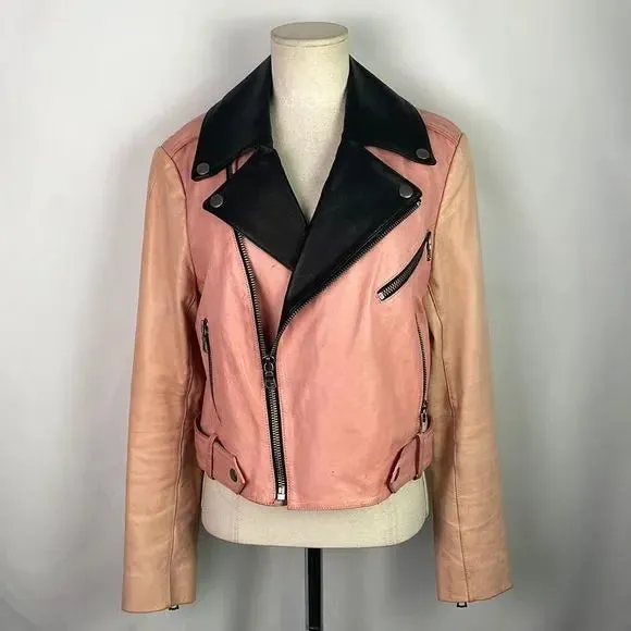 Alice   Olivia Pink/Black Leather Moto Jacket