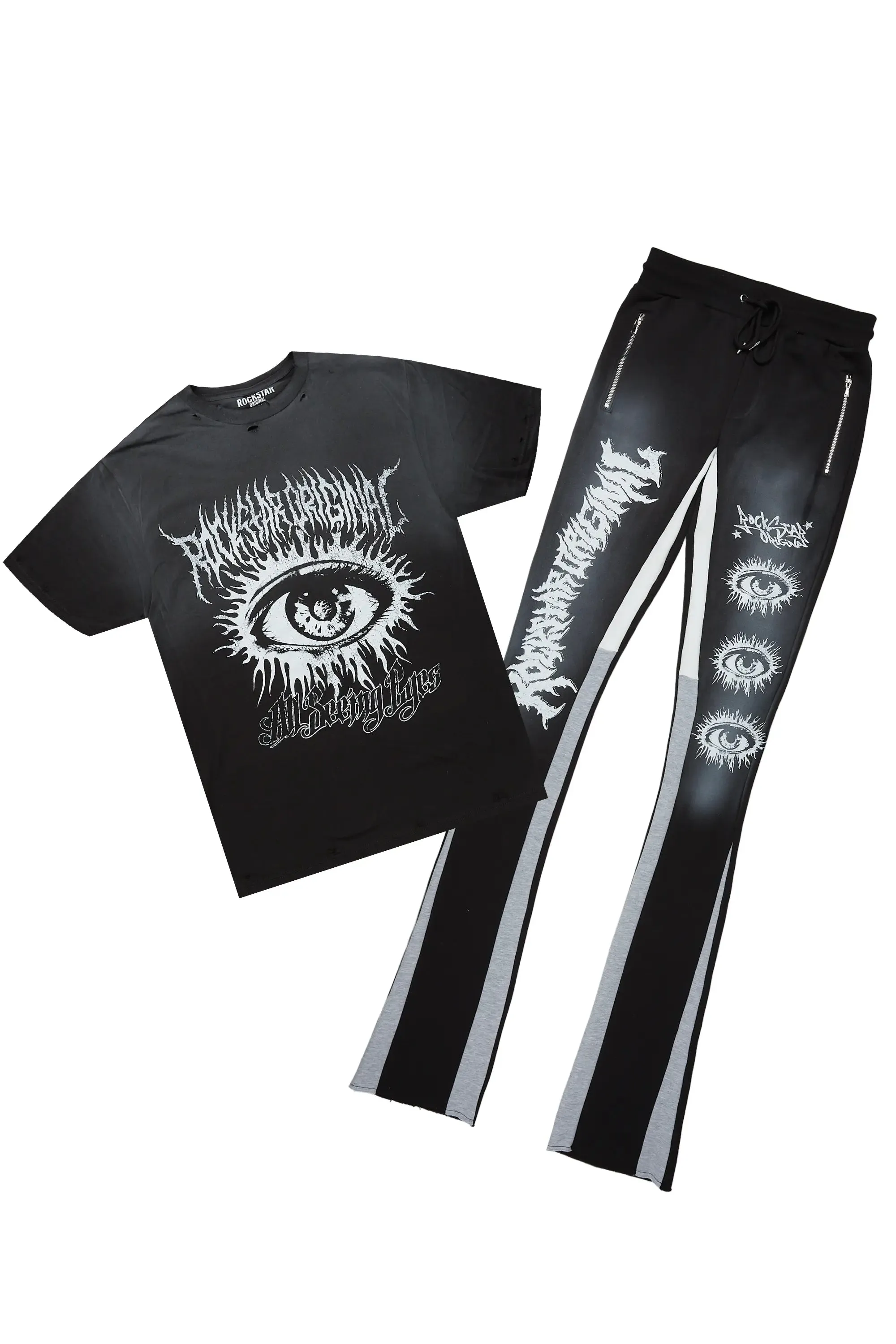 All Seeing Eyes Black T-Shirt/Super Stacked Flare Pant Set