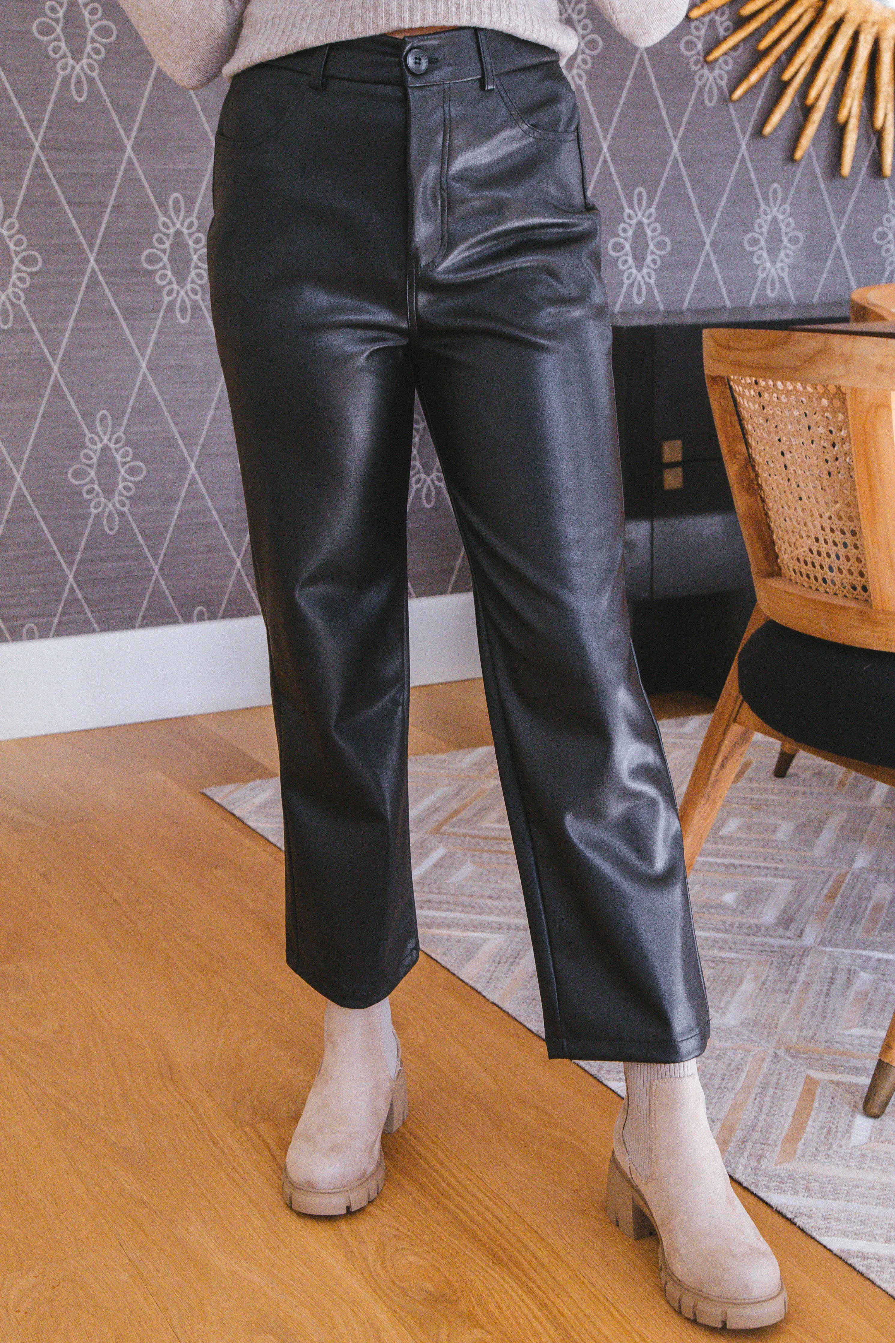 Ariella Faux Leather Wide Leg Pants, Black