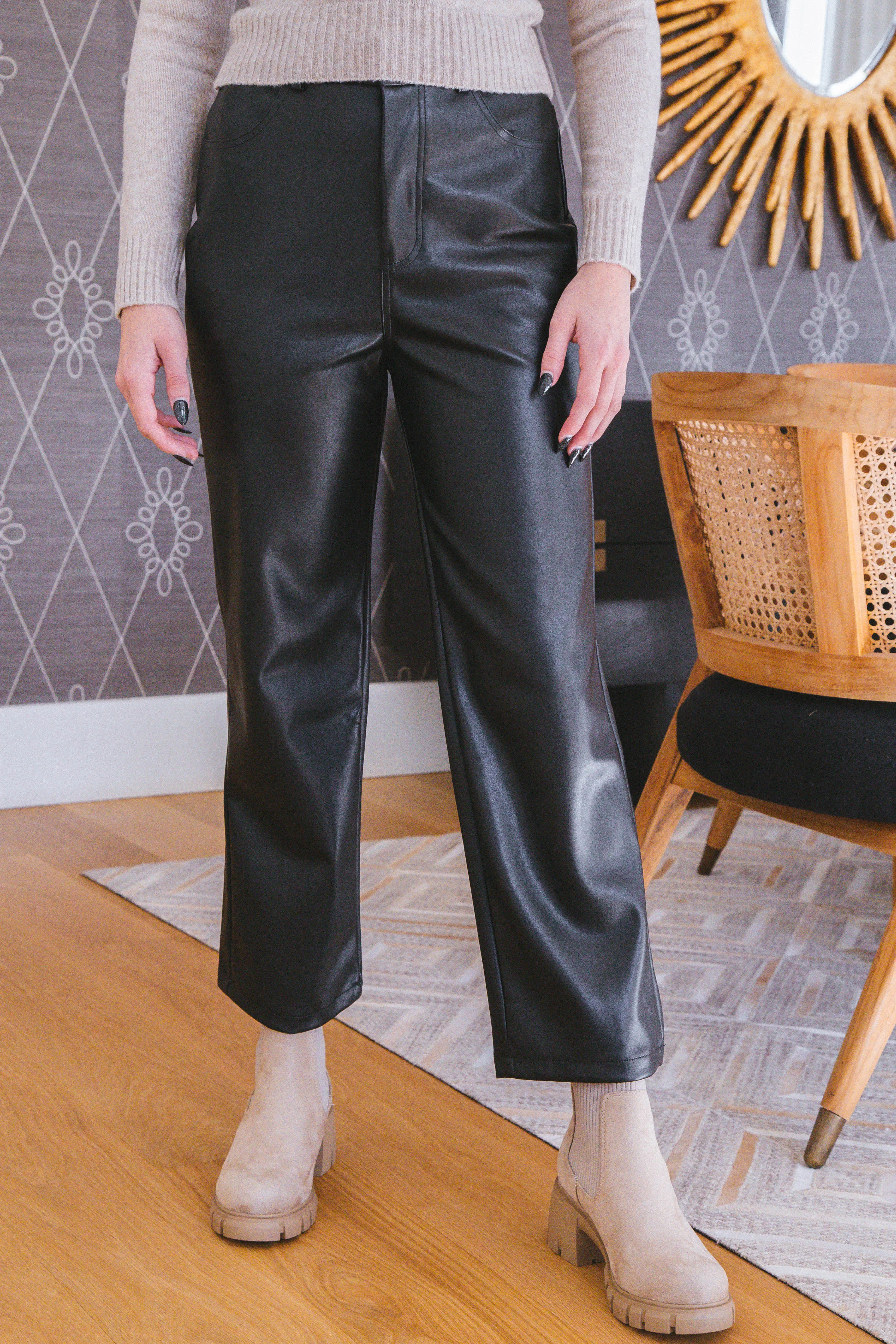 Ariella Faux Leather Wide Leg Pants, Black