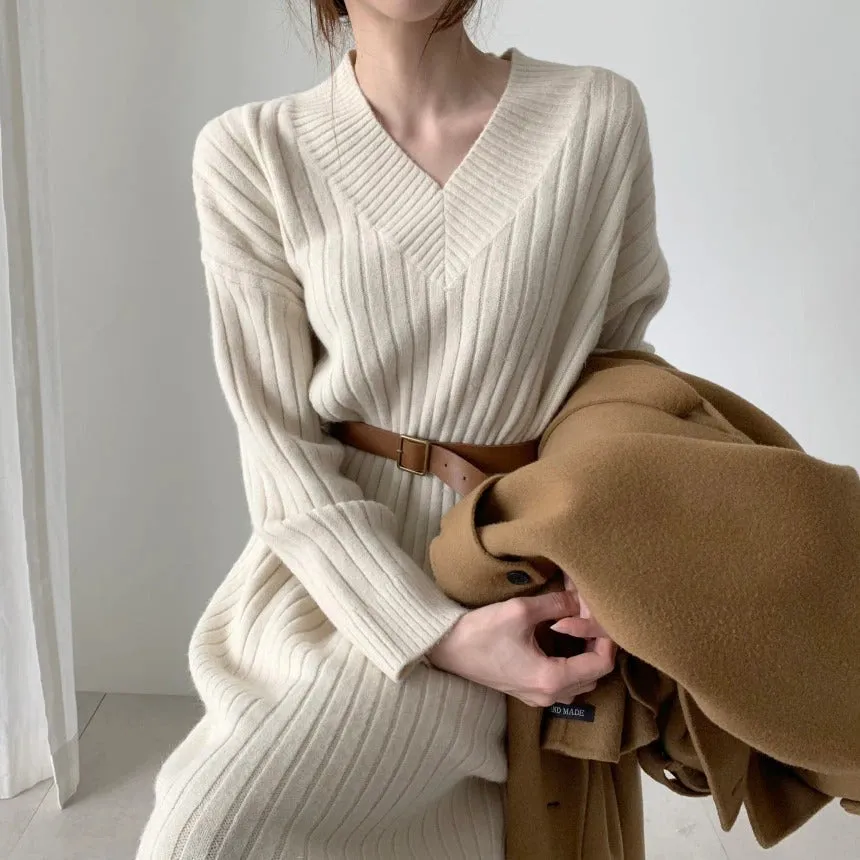 Autumn Long Sleeve Sweaters Knitted Loose Maxi Oversize Dress