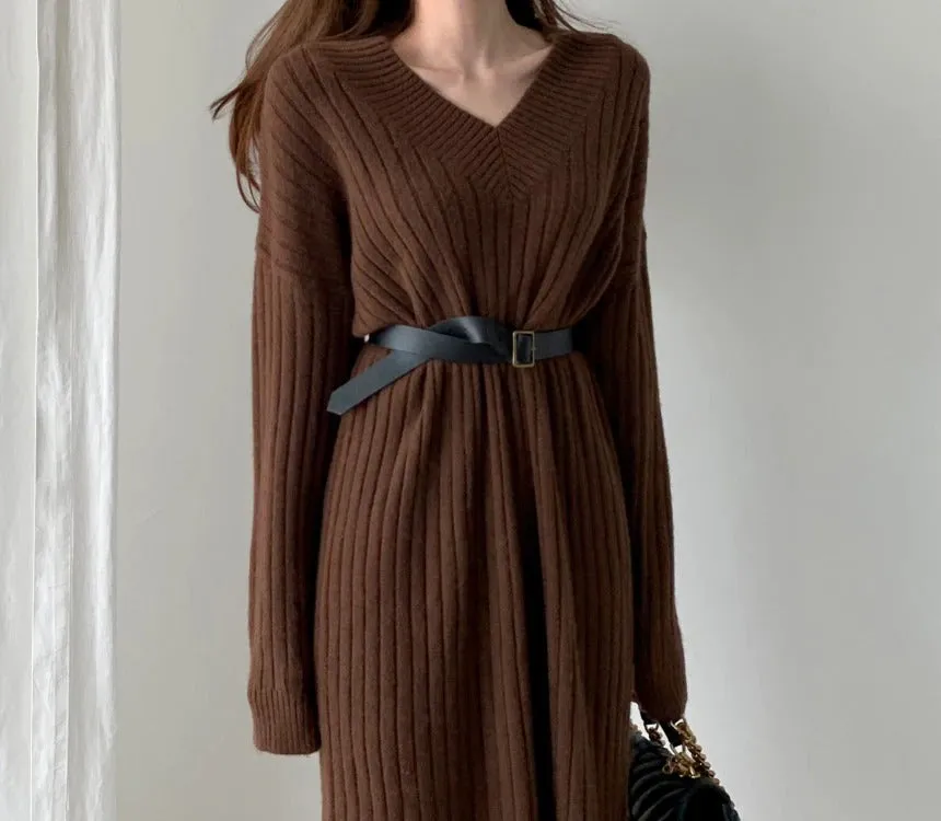 Autumn Long Sleeve Sweaters Knitted Loose Maxi Oversize Dress