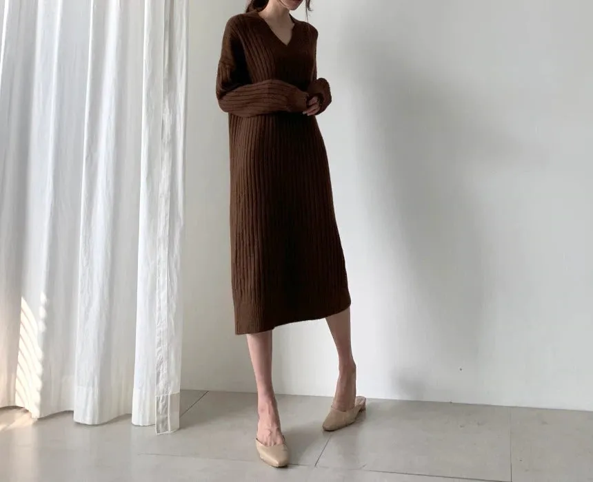 Autumn Long Sleeve Sweaters Knitted Loose Maxi Oversize Dress