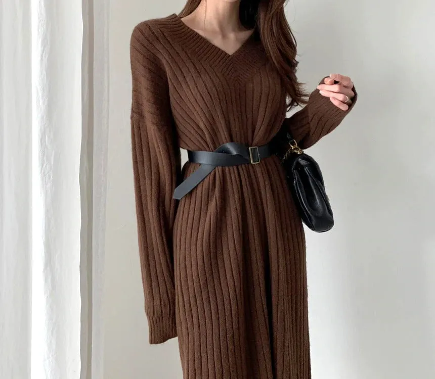 Autumn Long Sleeve Sweaters Knitted Loose Maxi Oversize Dress