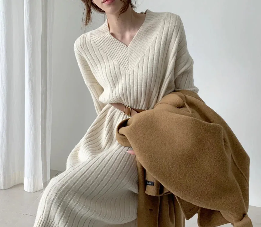 Autumn Long Sleeve Sweaters Knitted Loose Maxi Oversize Dress