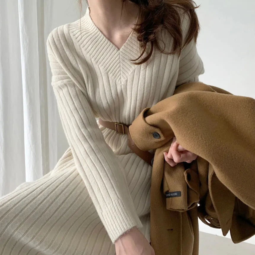 Autumn Long Sleeve Sweaters Knitted Loose Maxi Oversize Dress