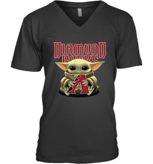 Baby Yoda Hugs Loves The Arizona Diamondbacks Baseball Mens V-Neck T-Shirt