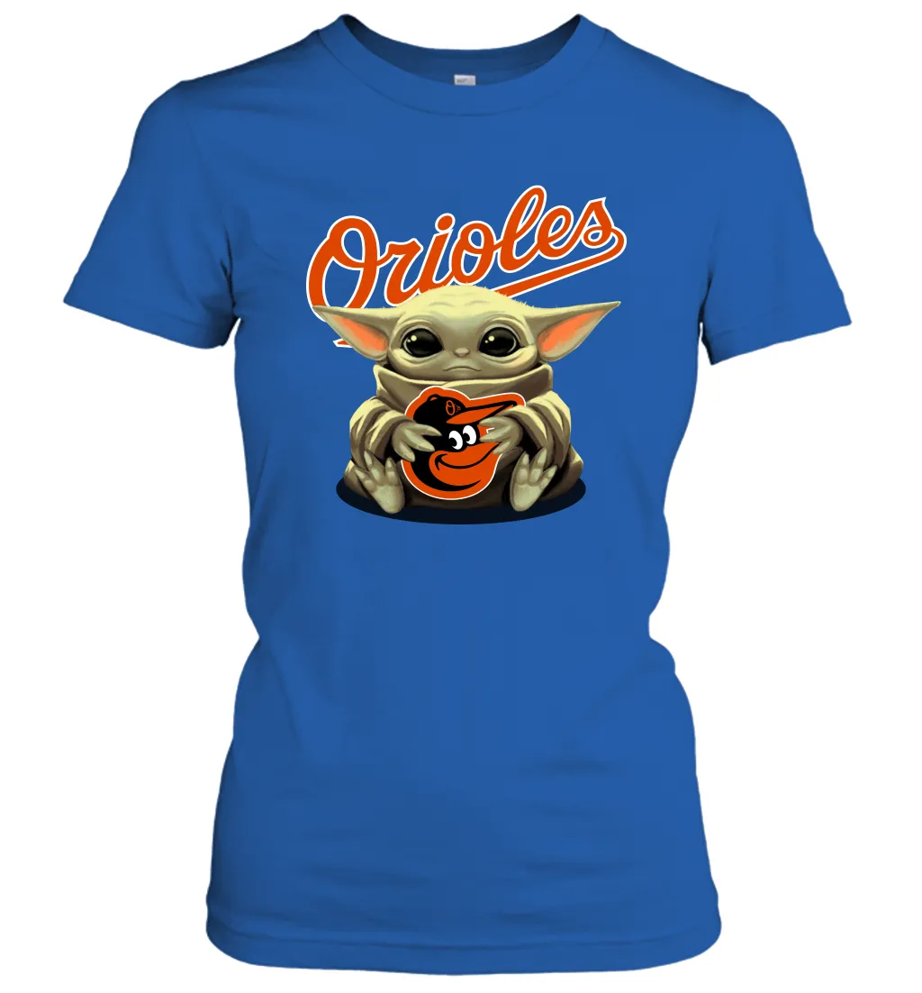 Baby Yoda Hugs Loves The Baltimore Orioles Baseball Womens T-Shirt