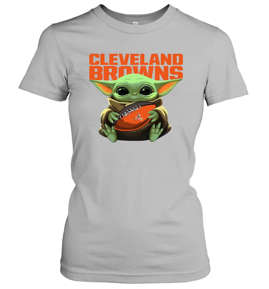 Baby Yoda Loves The Cleveland Browns Star Wars Baby Yoda Hugs Browns NFL Womens T-Shirt