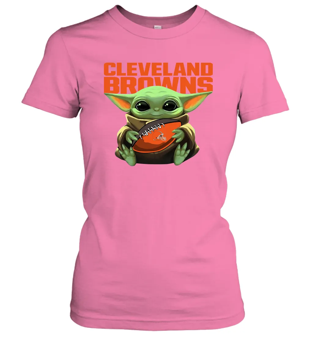 Baby Yoda Loves The Cleveland Browns Star Wars Baby Yoda Hugs Browns NFL Womens T-Shirt