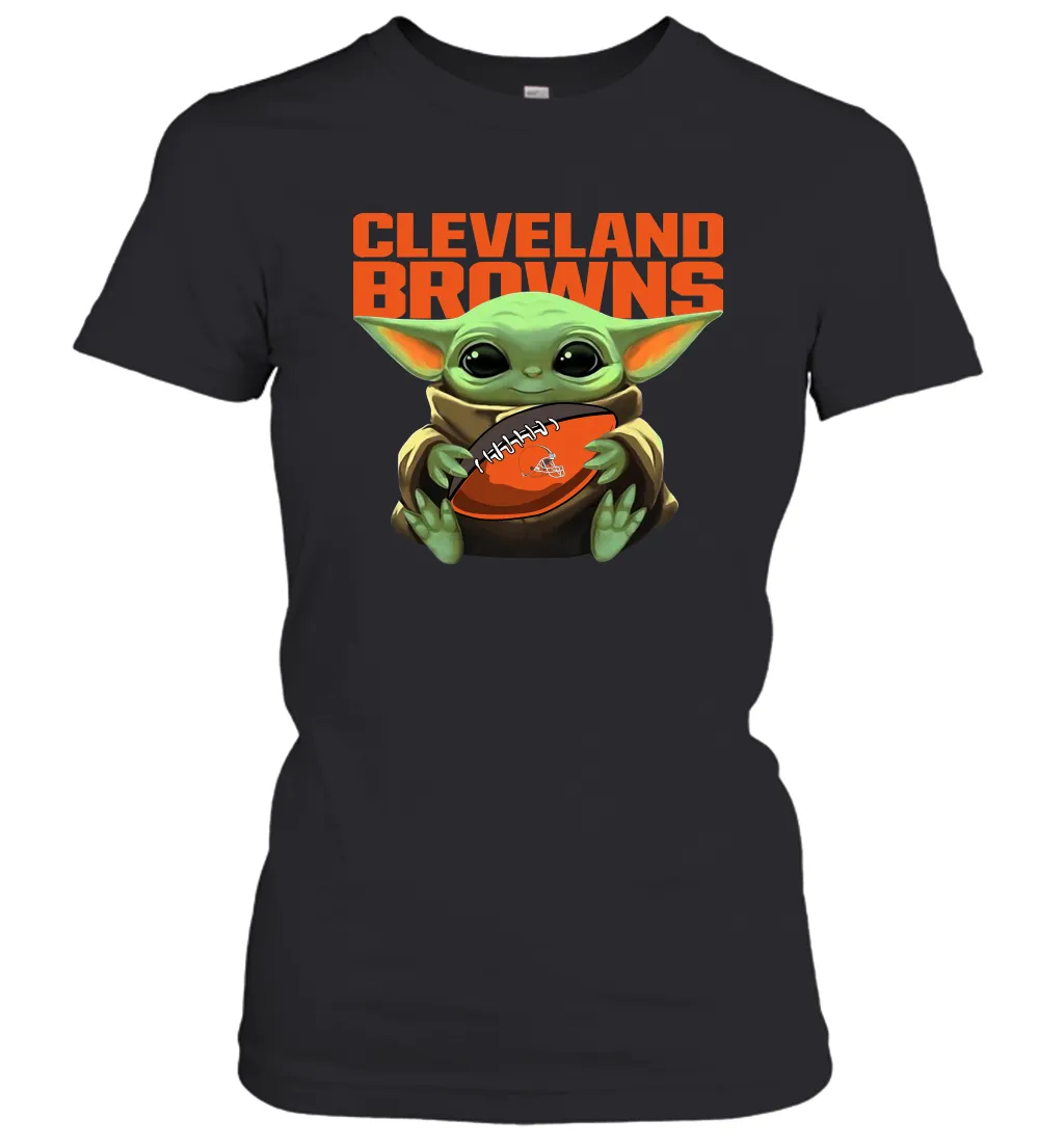 Baby Yoda Loves The Cleveland Browns Star Wars Baby Yoda Hugs Browns NFL Womens T-Shirt