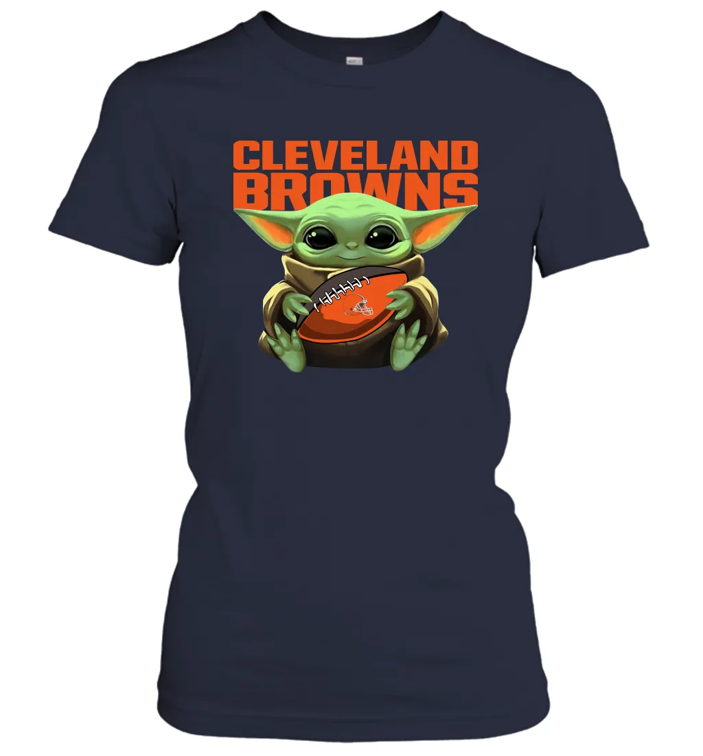 Baby Yoda Loves The Cleveland Browns Star Wars Baby Yoda Hugs Browns NFL Womens T-Shirt