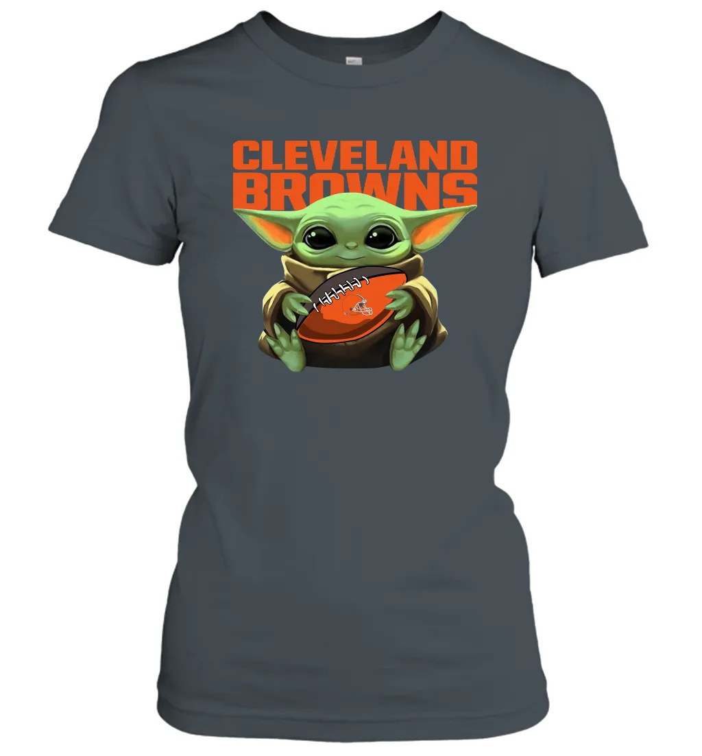 Baby Yoda Loves The Cleveland Browns Star Wars Baby Yoda Hugs Browns NFL Womens T-Shirt