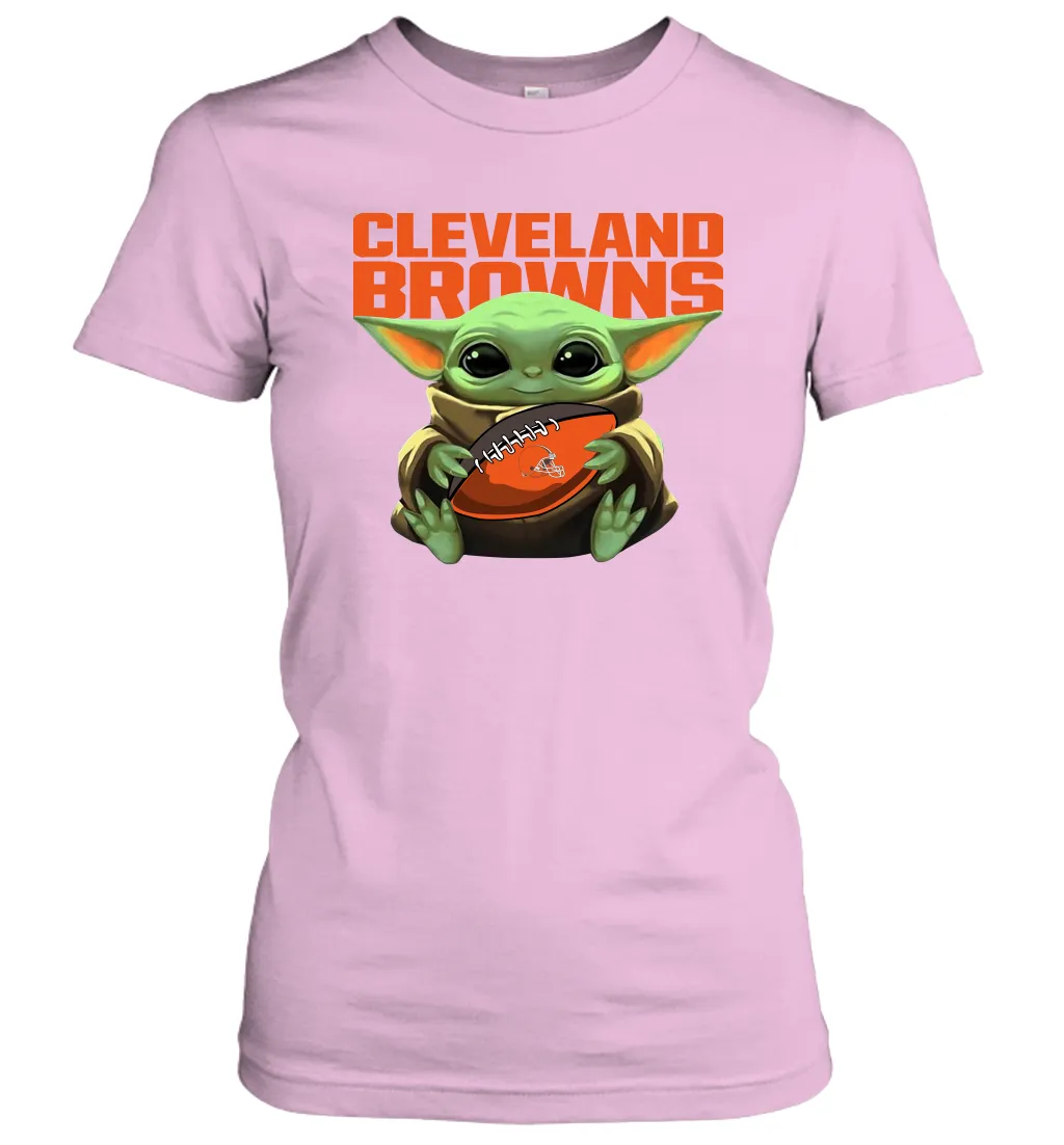 Baby Yoda Loves The Cleveland Browns Star Wars Baby Yoda Hugs Browns NFL Womens T-Shirt