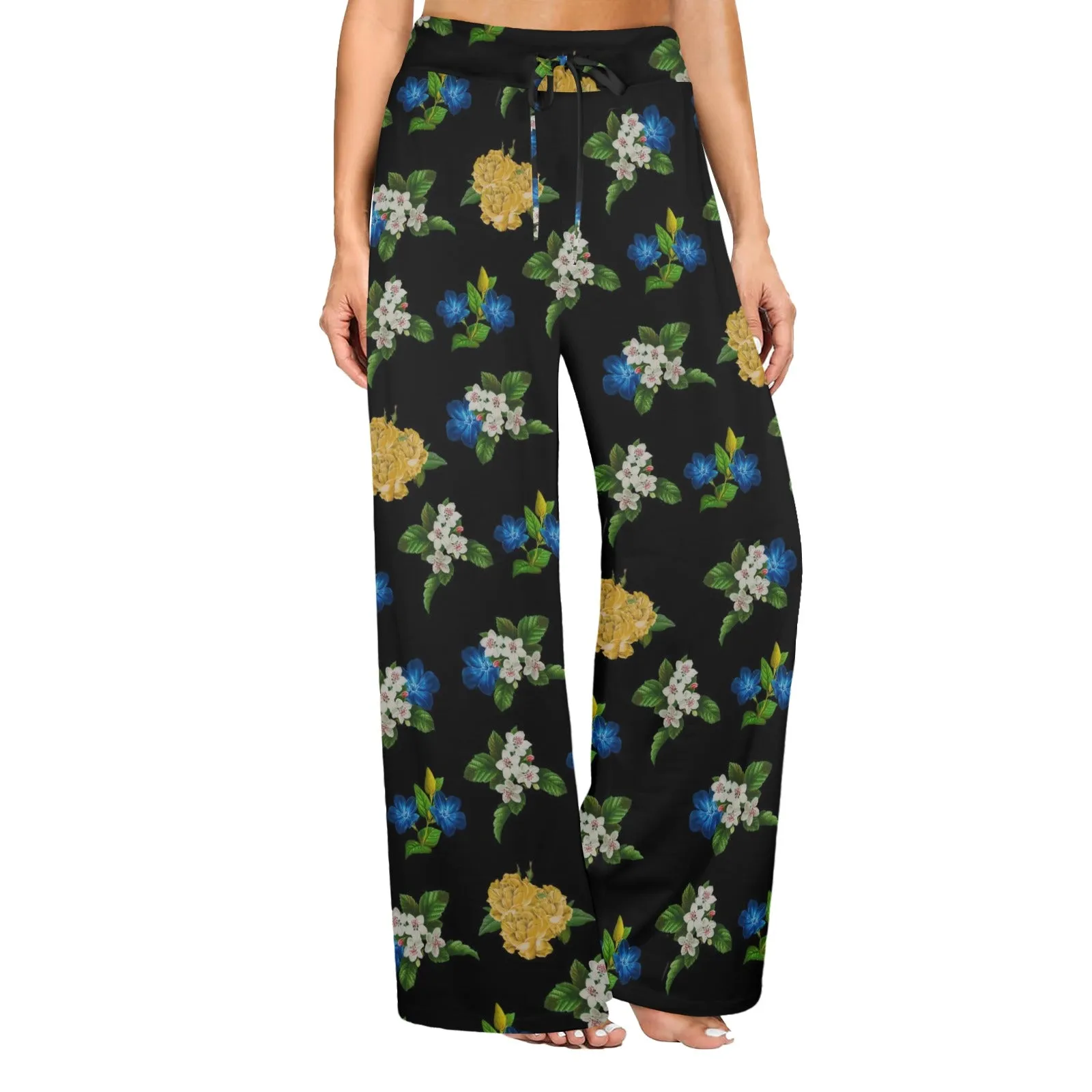 black floral blue gold white print 2 Women's Wide Leg Lounge Pants (Model L77)