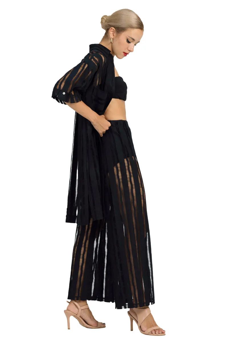 Black Sheer Striped Wide-Leg Pants