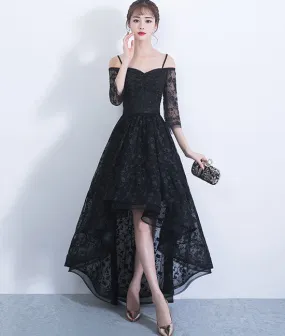 Black sweetheart lace high low prom dress, lace evening dress