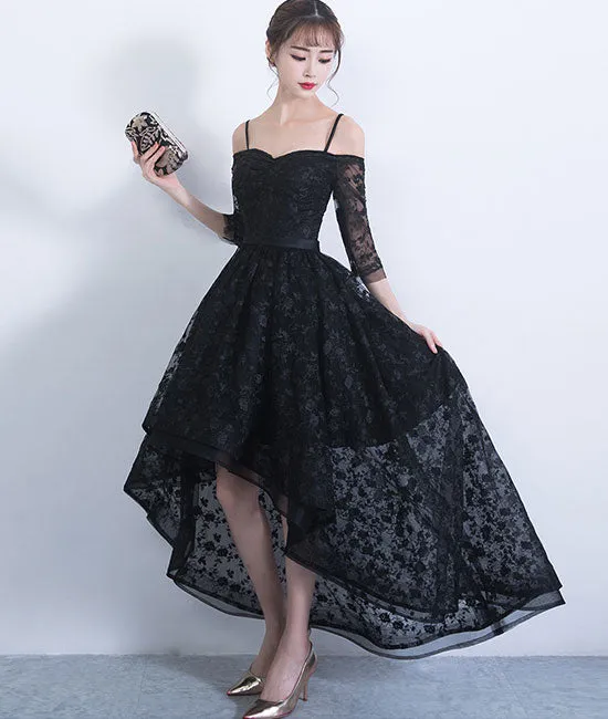 Black sweetheart lace high low prom dress, lace evening dress