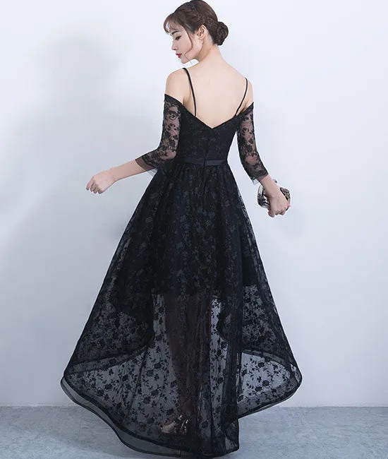 Black sweetheart lace high low prom dress, lace evening dress