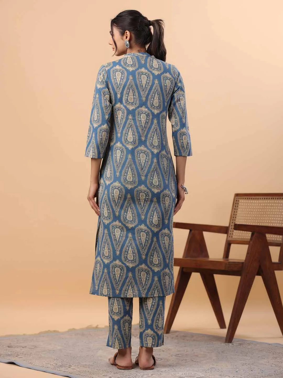 Blue Cotton Ethnic Motifs Regular Kurta Set