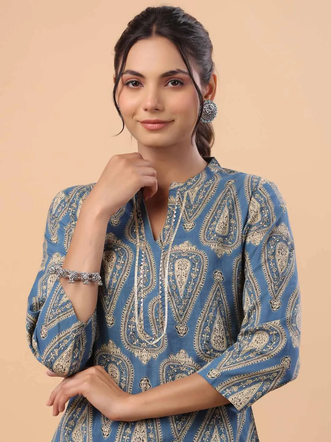 Blue Cotton Ethnic Motifs Regular Kurta Set