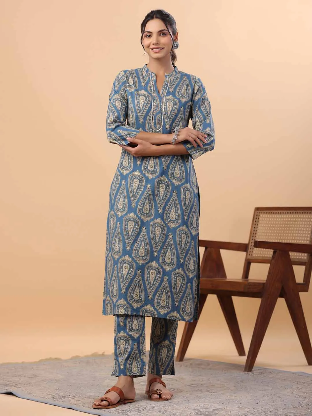 Blue Cotton Ethnic Motifs Regular Kurta Set