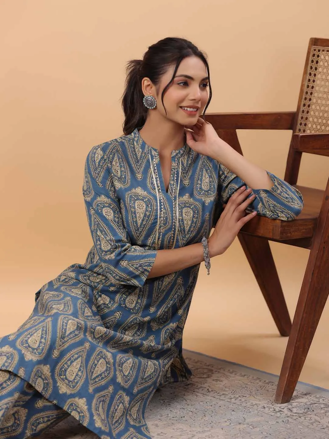 Blue Cotton Ethnic Motifs Regular Kurta Set