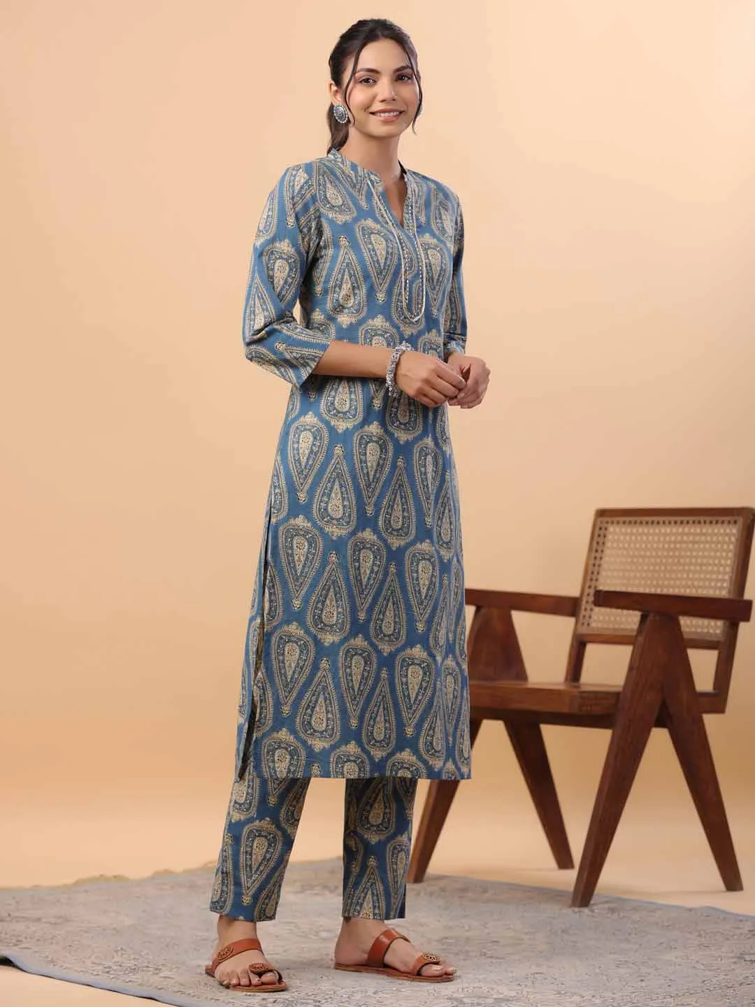 Blue Cotton Ethnic Motifs Regular Kurta Set