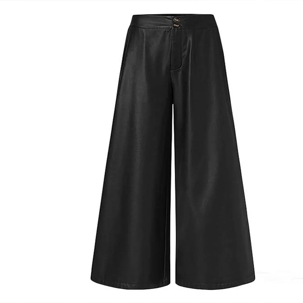 Button High Waist Faux Leather Pants