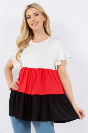 Celeste Full Size Short Sleeve Top - Color Block Design with Ruffled Details, Perfect for Casual Wear