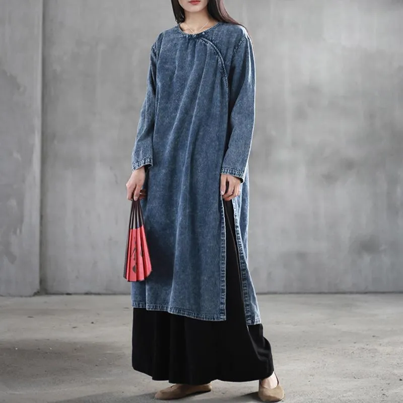 Chinese Style Denim Retro Large Size Buckle Long Sleeve Dress