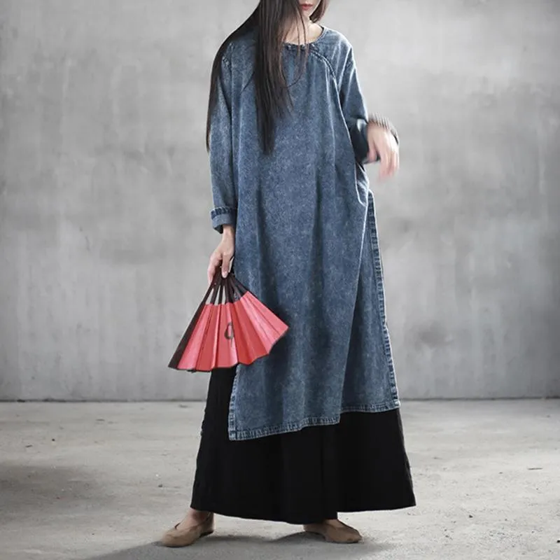 Chinese Style Denim Retro Large Size Buckle Long Sleeve Dress