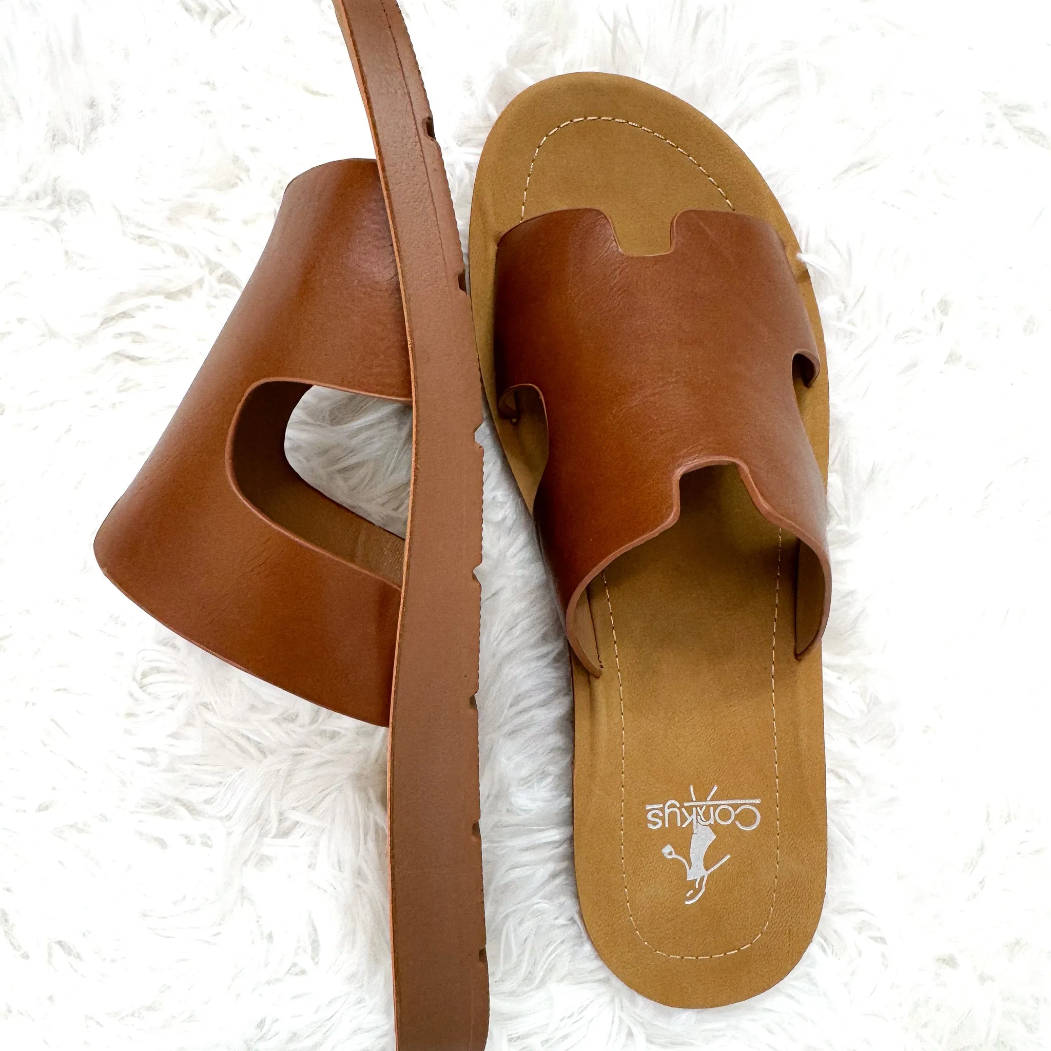 Corkys Bogalusa Smooth Cognac Faux Leather Sandals