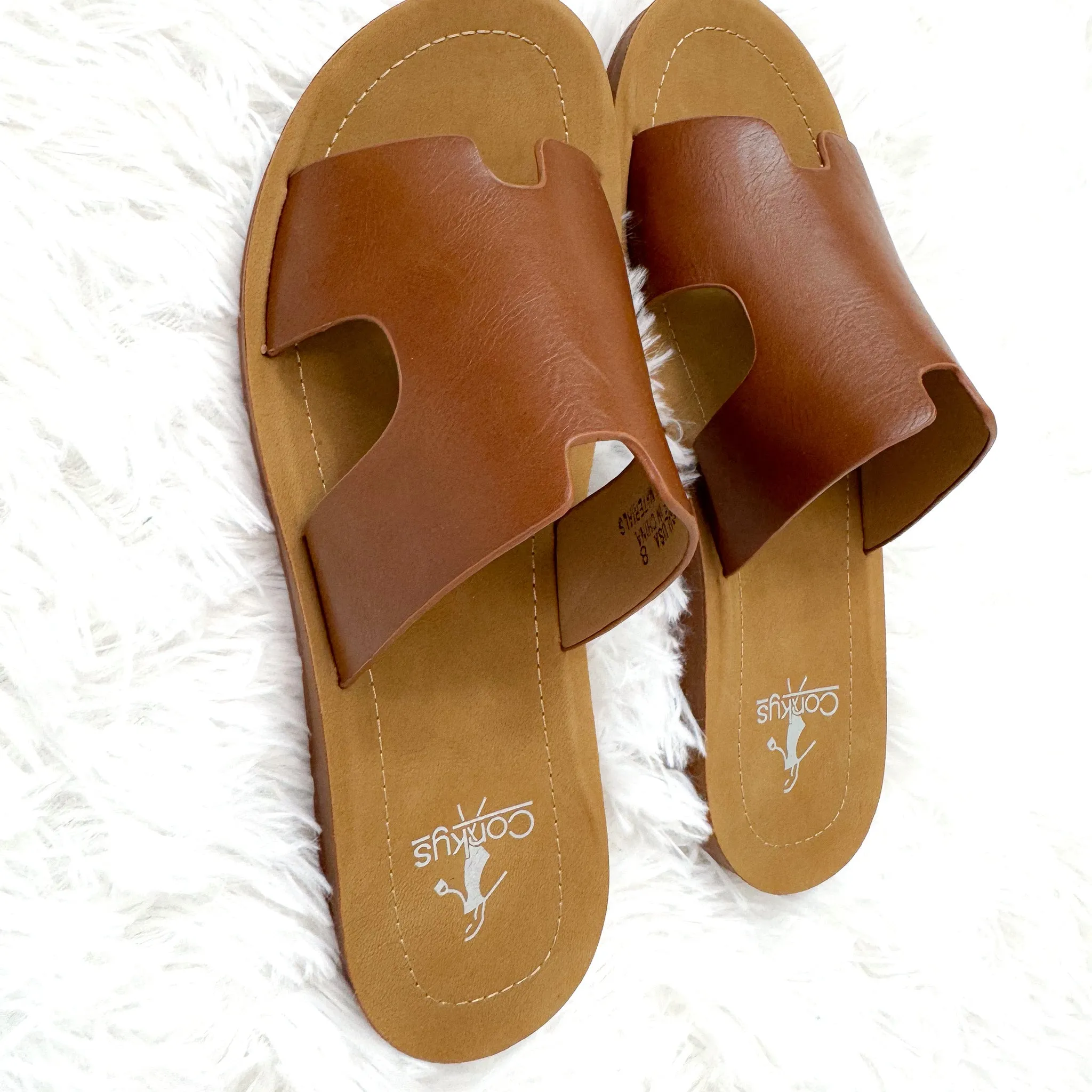 Corkys Bogalusa Smooth Cognac Faux Leather Sandals