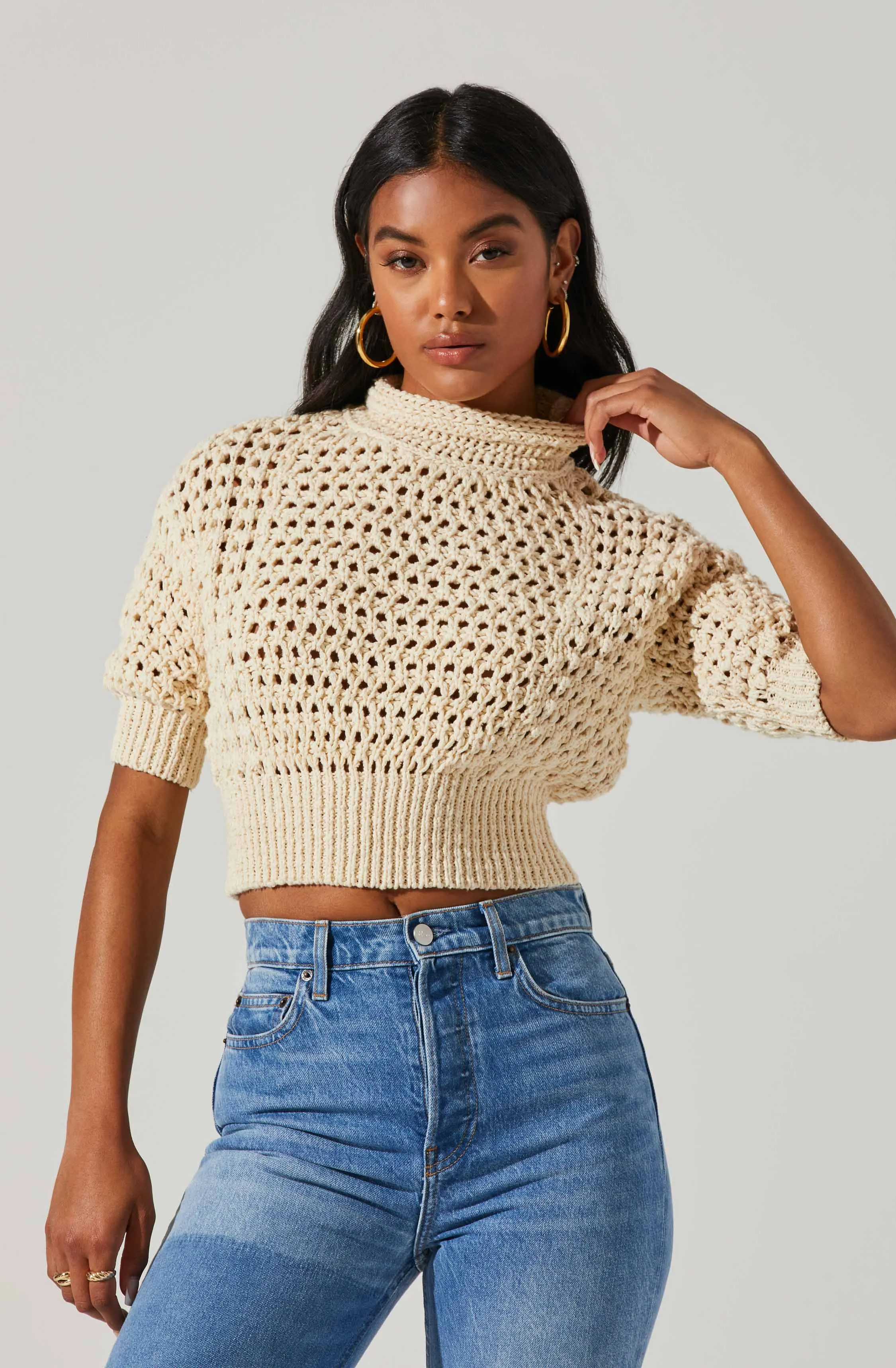 Crochet Boxy Cowl Neck Sweater