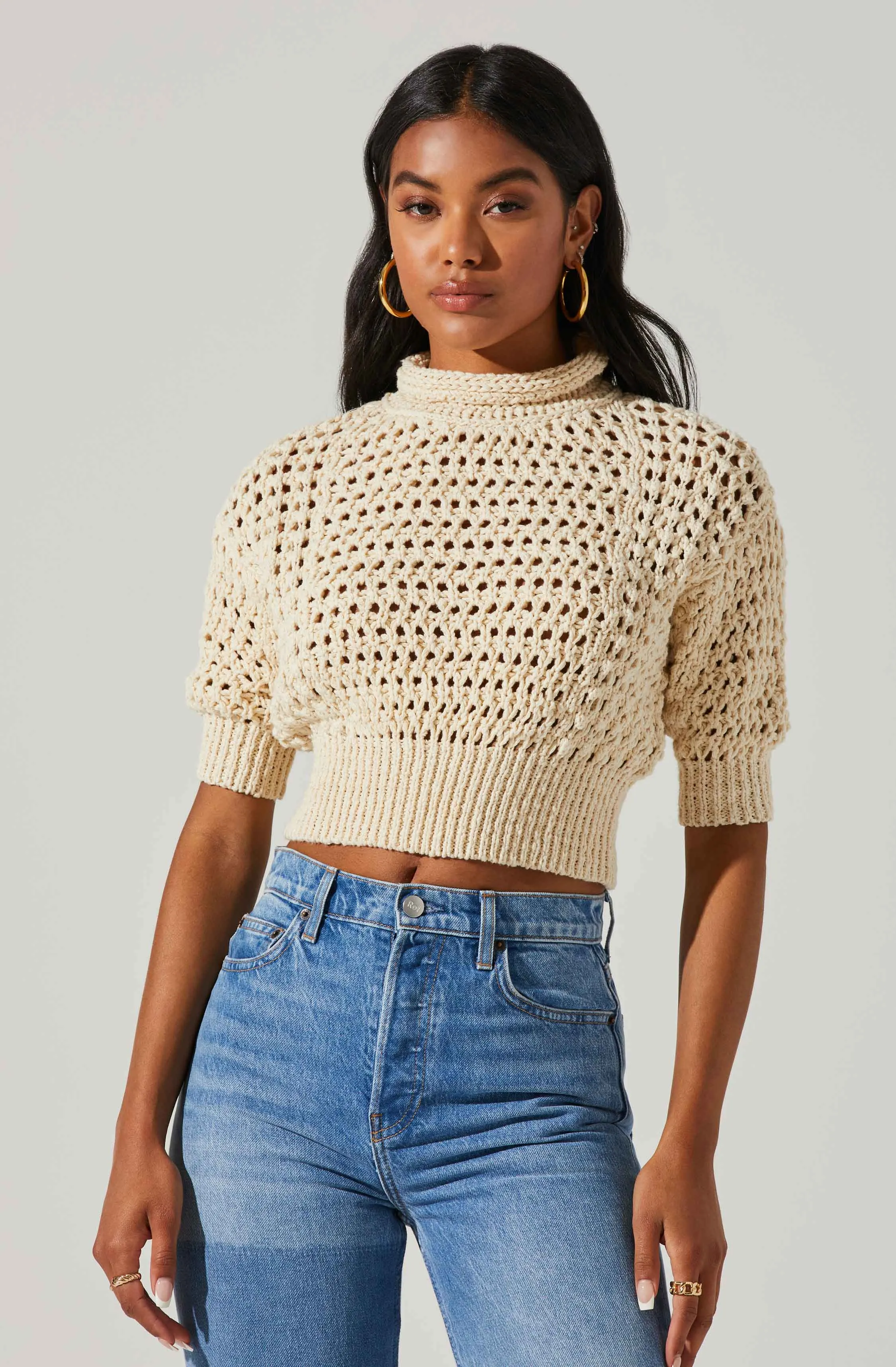 Crochet Boxy Cowl Neck Sweater