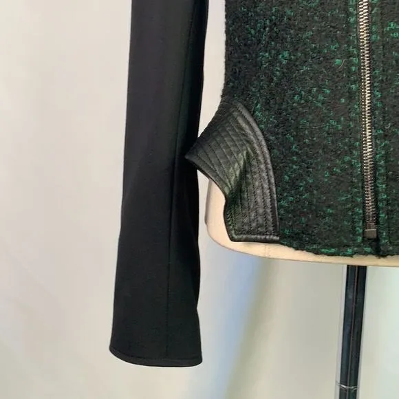 ElieTaharigreen tweed with leather trim moto jacket