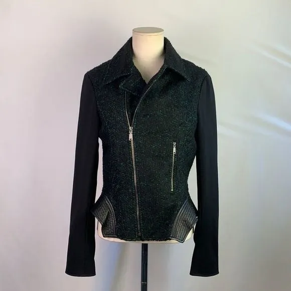 ElieTaharigreen tweed with leather trim moto jacket