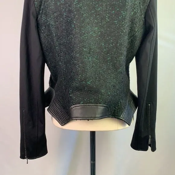 ElieTaharigreen tweed with leather trim moto jacket