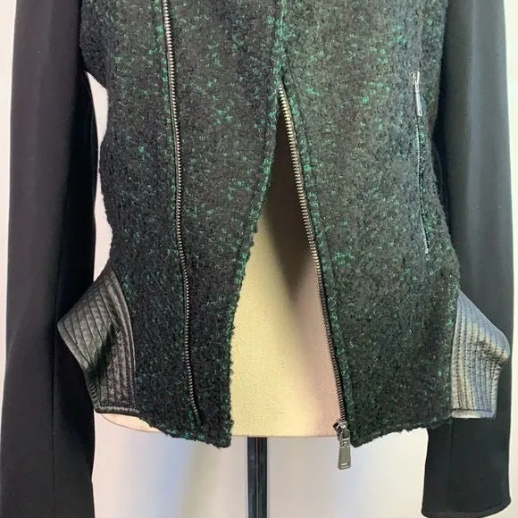 ElieTaharigreen tweed with leather trim moto jacket