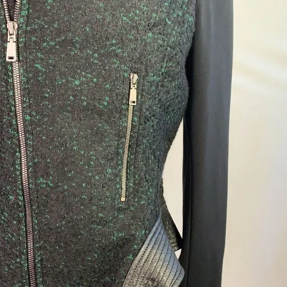 ElieTaharigreen tweed with leather trim moto jacket