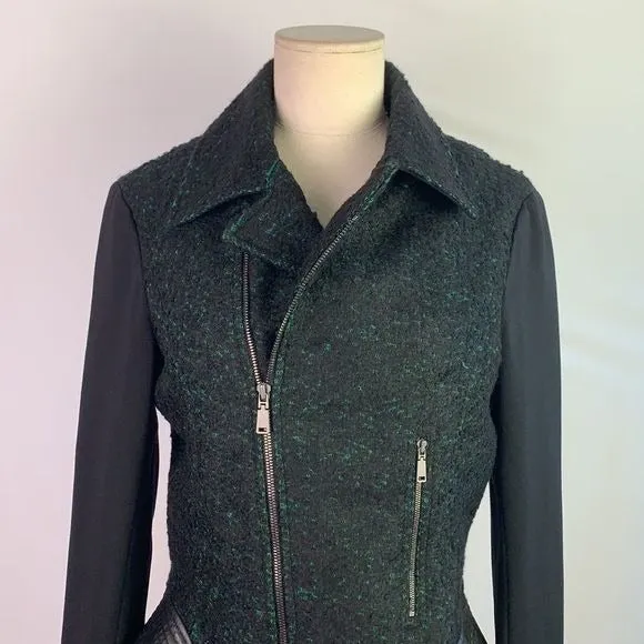 ElieTaharigreen tweed with leather trim moto jacket