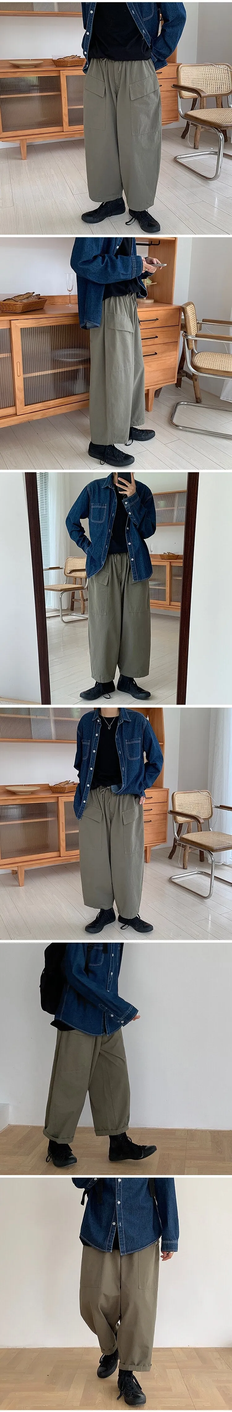 Foesce -Men's Loose Straight Cargo Casual Pants Baggy Big Pocket Streetwear Wide Leg Pants Retro Style Khaki/green Color Trousers