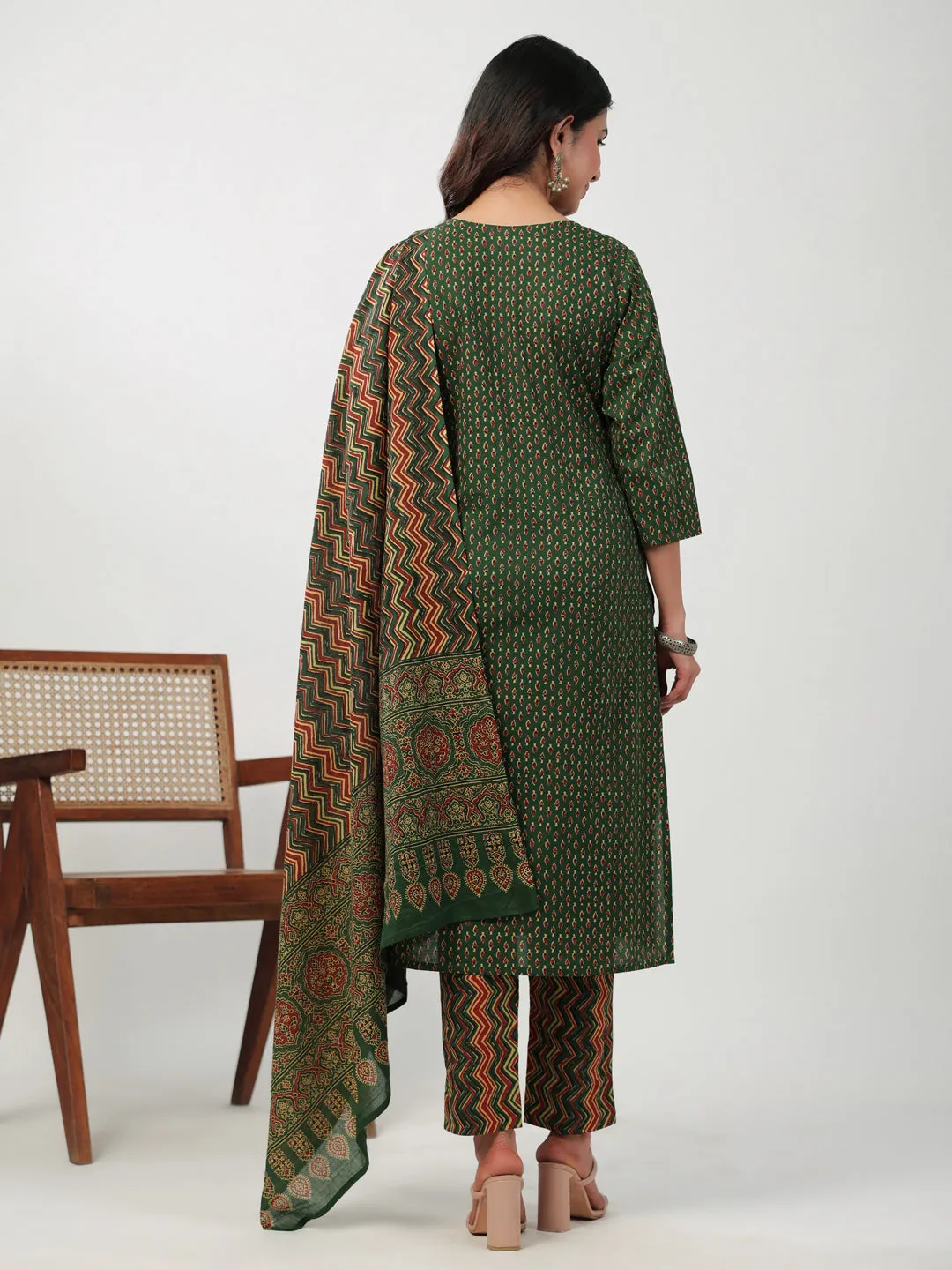 Green Cotton Ethinc Motifs Regular Kurta Set