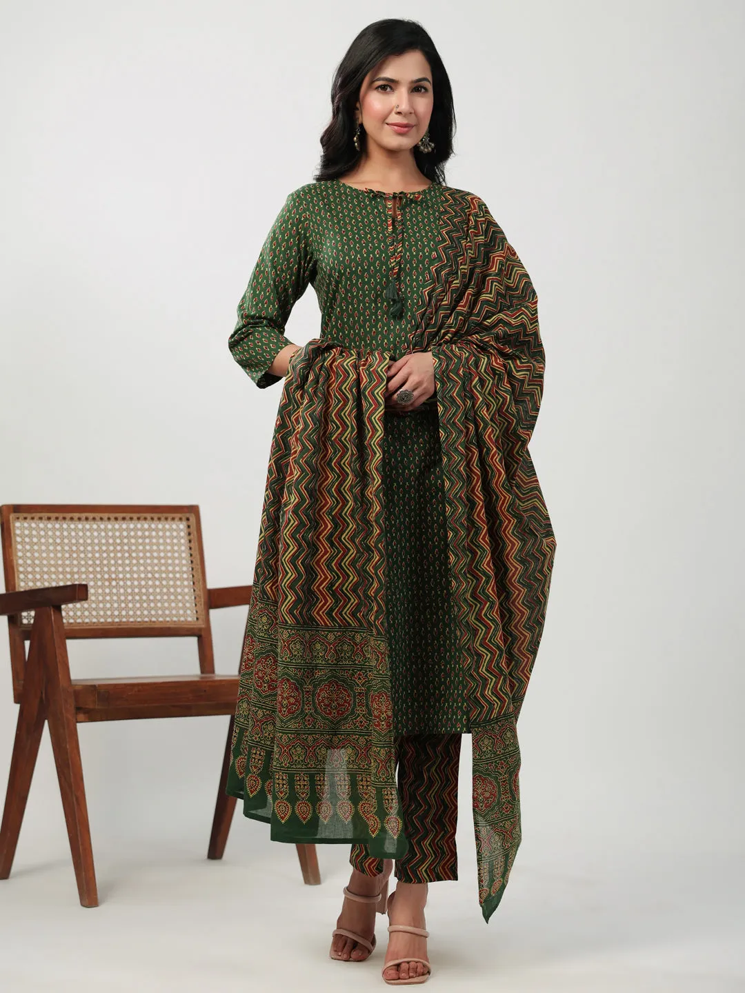 Green Cotton Ethinc Motifs Regular Kurta Set