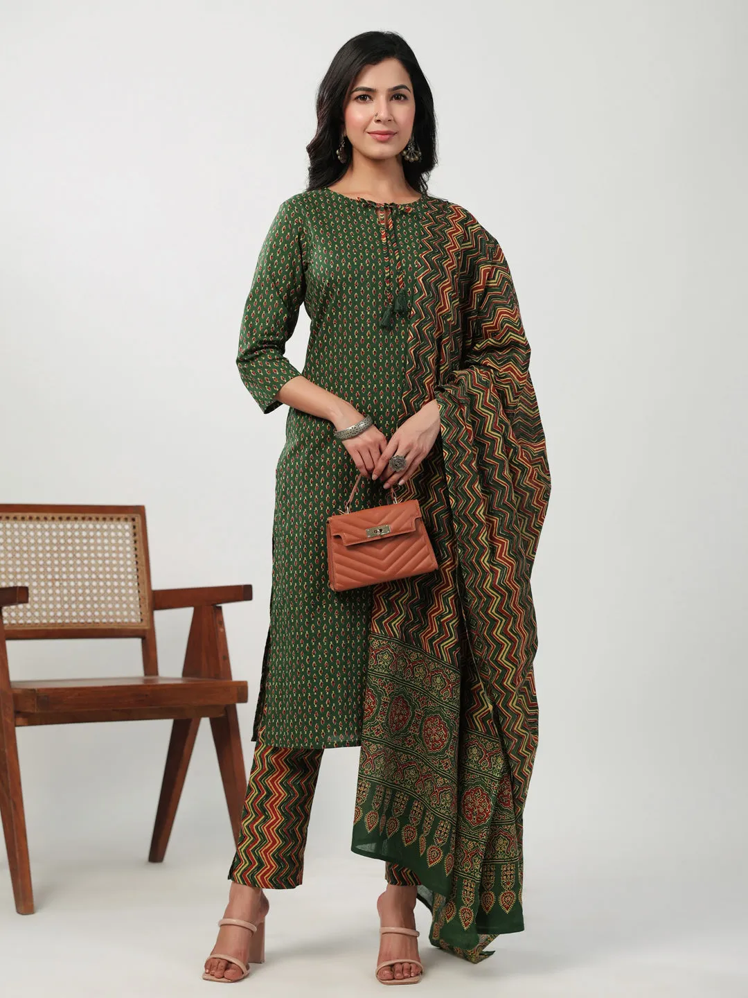 Green Cotton Ethinc Motifs Regular Kurta Set