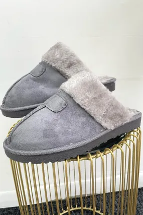 Grey Faux Fur Open Back Slippers